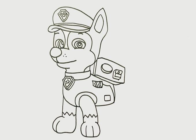 往下畫出帶有徽章的項(xiàng)圈，然后畫出警犬服，在上面畫出裝飾，然后畫出前肢，在背部上畫出背包和上面的按鈕.jpg
