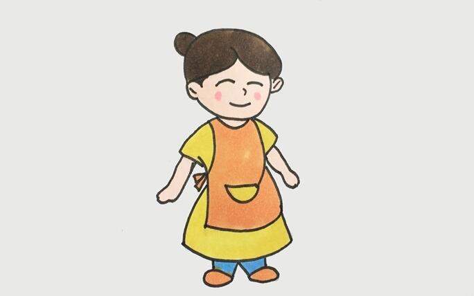 四、最后給媽媽涂上顏色。圍裙和鞋子涂上橙色，長(zhǎng)裙涂上黃色，褲子涂上藍(lán)色，頭發(fā)涂上棕色，臉頰涂上粉紅色。一位溫柔又善良的媽媽就畫(huà)好了.jpg