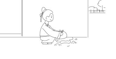 屋外，張三蹲在墻角把包袱放入坑中.jpg