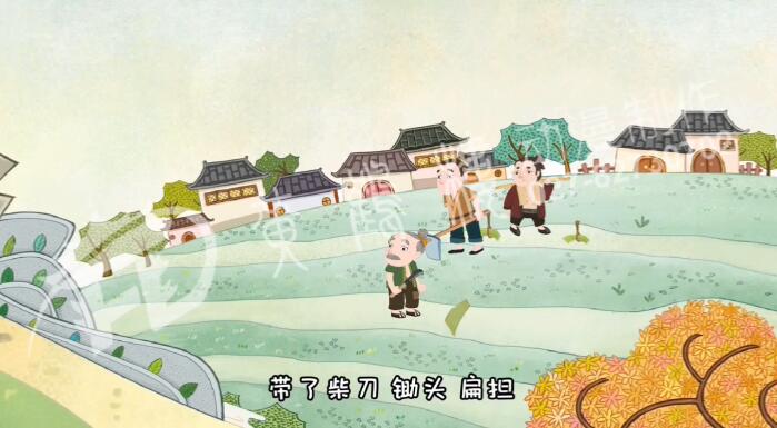 附近的人聽說狼來了，都趕緊放下手里的活兒，帶了柴刀、鋤頭、扁擔(dān)，飛快跑來救孩子.jpg