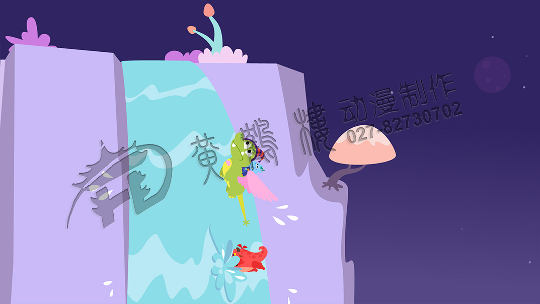 英語課動畫制作：眼看就要撞擊到瀑布了，一個仰飛，沖上了天，而小惡龍卻沒控制中，扎進了瀑布里.jpg