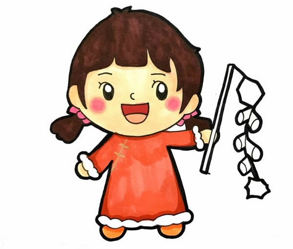 春節(jié)小朋友放鞭炮簡(jiǎn)筆畫，新年小女孩放鞭炮簡(jiǎn)筆畫