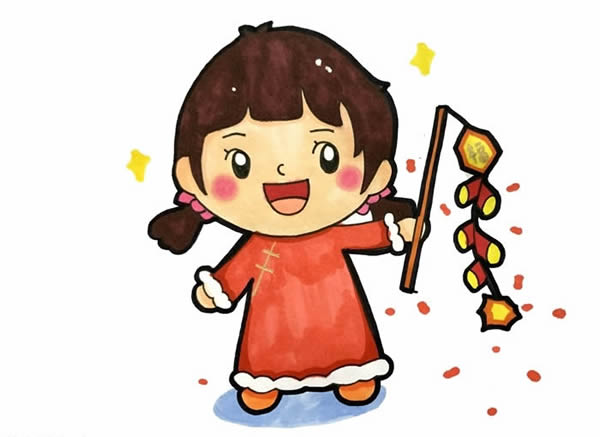 春節(jié)小朋友放鞭炮簡(jiǎn)筆畫，新年小女孩放鞭炮簡(jiǎn)筆畫